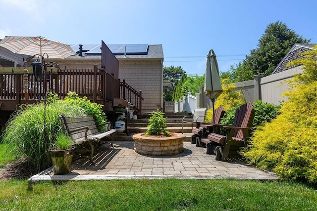 128 S Sea Ave, Yarmouth, MA 02673 - view of patio featuring an outdoor fire pit, stairs, and a wooden deck