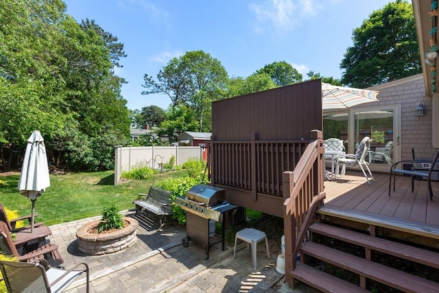 128 S Sea Ave, Yarmouth, MA 02673 - wooden terrace featuring a fire pit, a patio area, and grilling area
