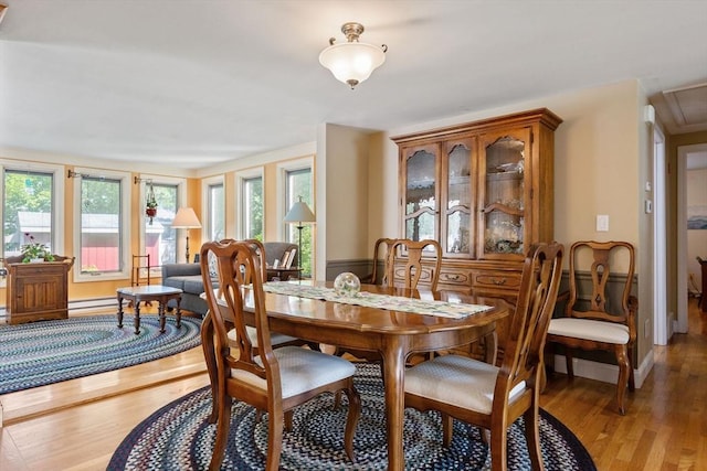 128 S Sea Ave, Yarmouth, MA 02673 - dining space featuring light wood-type flooring, baseboard heating, and a wainscoted wall