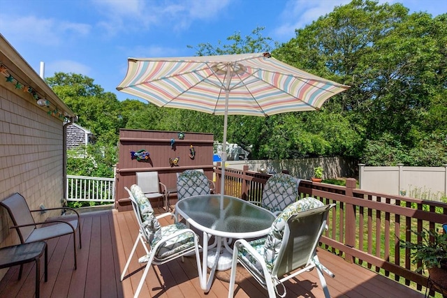 128 S Sea Ave, Yarmouth, MA 02673 - wooden terrace with outdoor dining area and a fenced backyard