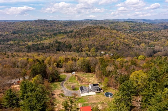 drone / aerial view featuring a forest view