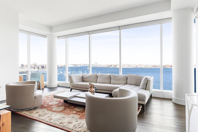 living area with a water view and wood-type flooring