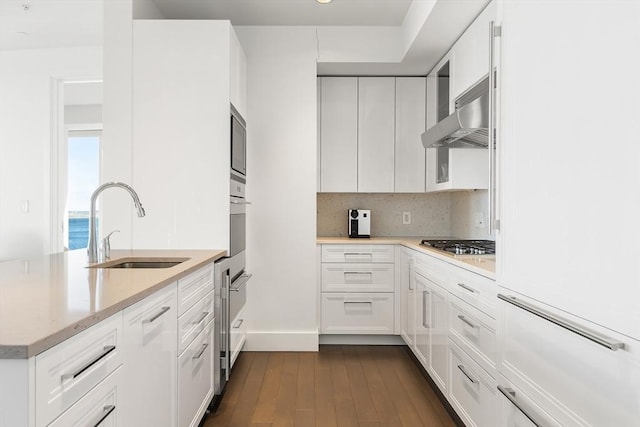 kitchen featuring a sink, dark wood-style floors, white cabinetry, appliances with stainless steel finishes, and decorative backsplash