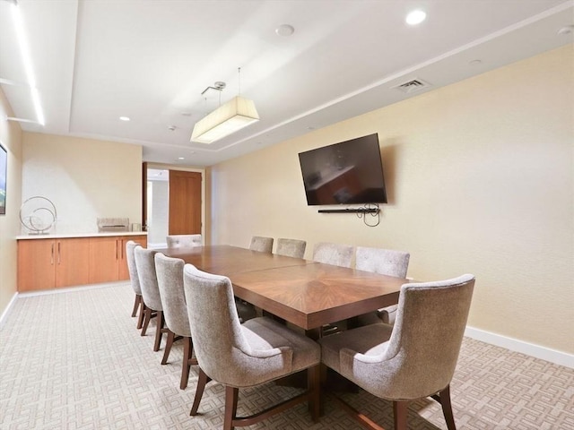 dining room featuring recessed lighting, visible vents, baseboards, and light colored carpet