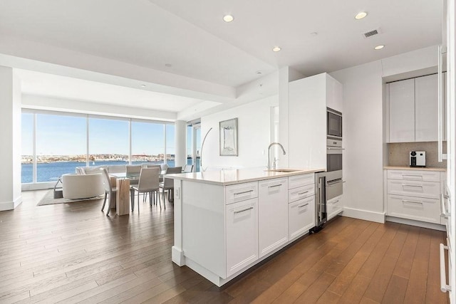 kitchen featuring white cabinetry, dark wood-style floors, tasteful backsplash, and a sink