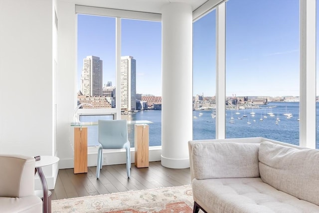 interior space with a view of city, wood finished floors, and a water view