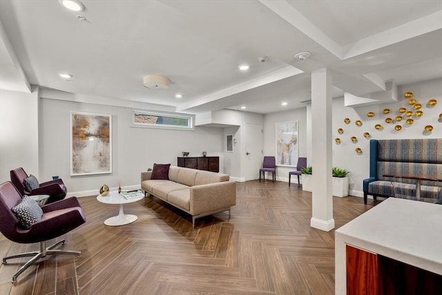 living room with parquet floors