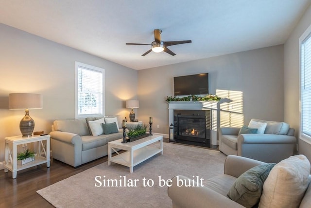 living room with ceiling fan and hardwood / wood-style flooring