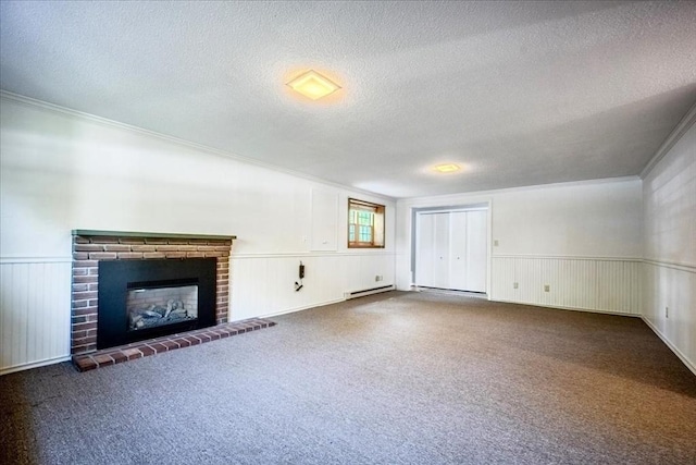 137 Naugler Ave, Marlborough, MA 01752 - unfurnished living room featuring a textured ceiling, crown molding, carpet floors, baseboard heating, and a fireplace