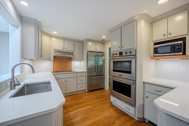137 Naugler Ave, Marlborough, MA 01752 - kitchen with appliances with stainless steel finishes, a sink, under cabinet range hood, decorative backsplash, and light wood-style floors