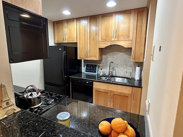 97 Anderer Ln Unit 105, Boston, MA 02132 - kitchen with decorative backsplash, a sink, black appliances, dark stone counters, and recessed lighting