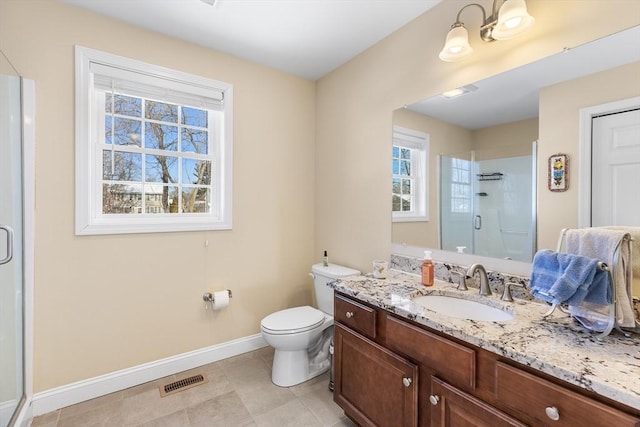 full bath featuring visible vents, baseboards, toilet, vanity, and a shower stall