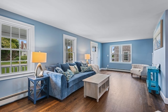 living room featuring dark hardwood / wood-style flooring, a baseboard heating unit, and a wealth of natural light