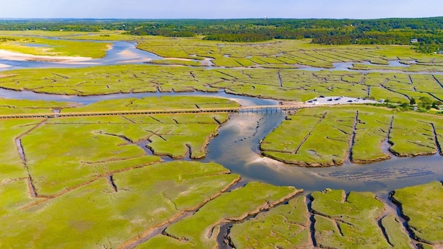 birds eye view of property featuring a water view and a rural view