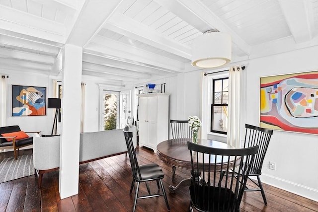 dining room featuring dark hardwood / wood-style flooring and beam ceiling