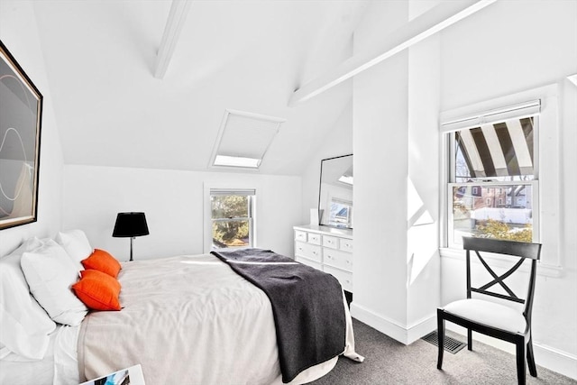 carpeted bedroom featuring vaulted ceiling