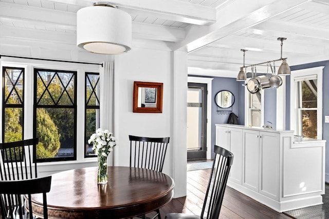 dining area with a notable chandelier, beam ceiling, wooden ceiling, and dark hardwood / wood-style floors