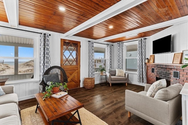 living area featuring baseboards, dark wood-style floors, wooden ceiling, and beam ceiling
