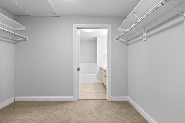 spacious closet featuring light colored carpet