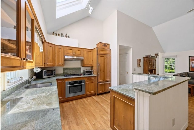 21 Gramps Way, Chatham, MA 02659 - kitchen with stainless steel appliances, high vaulted ceiling, under cabinet range hood, light wood-type flooring, and brown cabinets