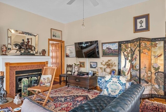 1 Carter Ave, Salisbury, MA 01952 - living room with ceiling fan, a glass covered fireplace, and wood finished floors