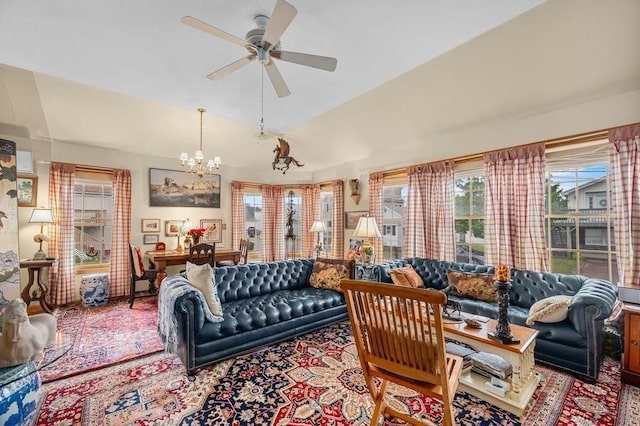 1 Carter Ave, Salisbury, MA 01952 - living room featuring a chandelier, a ceiling fan, and lofted ceiling