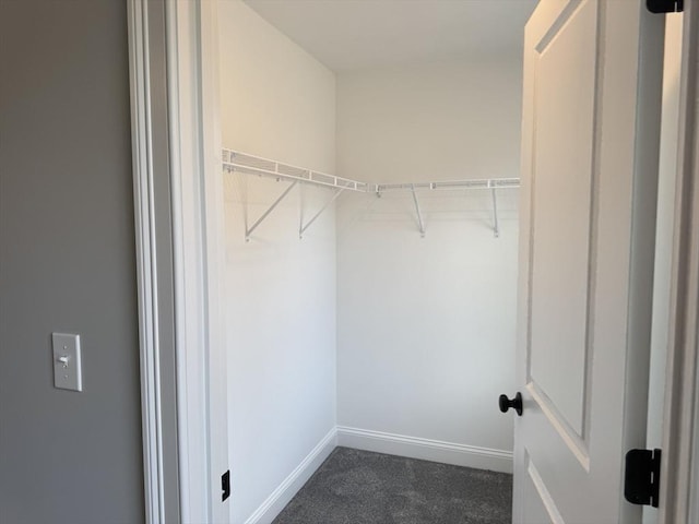 walk in closet featuring dark carpet