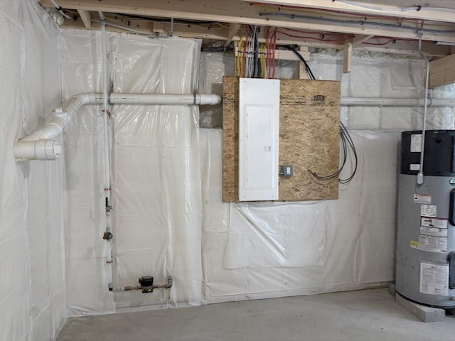 utility room with electric panel and water heater