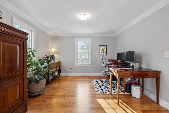 office space featuring light hardwood / wood-style flooring and crown molding