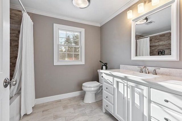 full bathroom with toilet, vanity, ornamental molding, and shower / bath combo