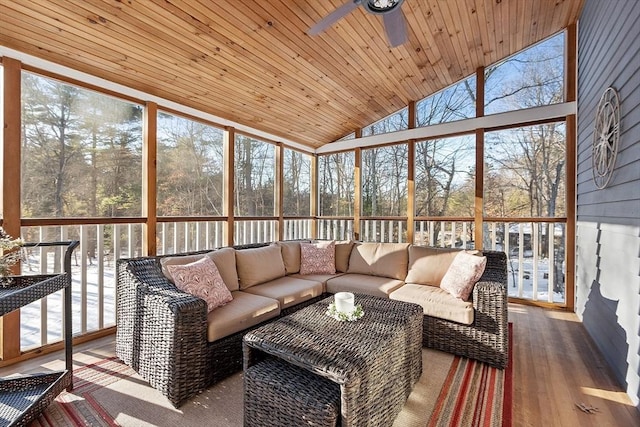 sunroom with ceiling fan, lofted ceiling, and wood ceiling