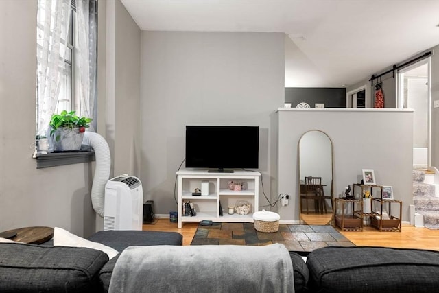 350 W 4th St Unit 103, Boston, MA 02127 - living room featuring a barn door and wood finished floors