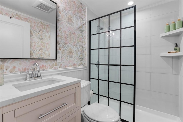 bathroom with crown molding, a walk in shower, toilet, wallpapered walls, and visible vents