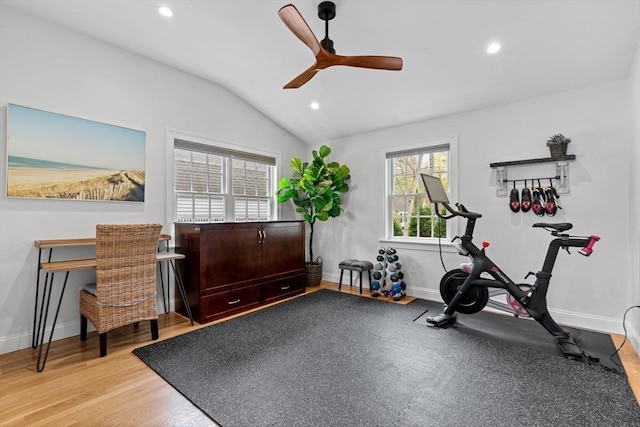 workout area with baseboards, ceiling fan, recessed lighting, and lofted ceiling