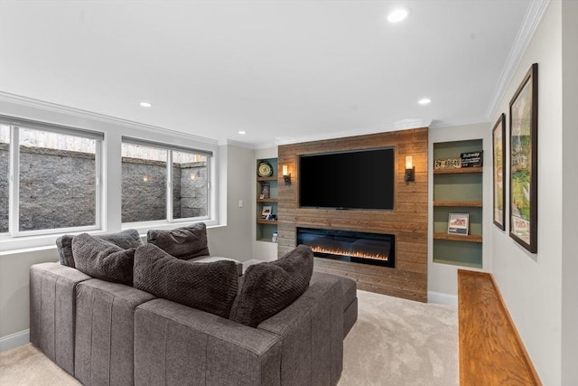 living room with crown molding, recessed lighting, light colored carpet, and a large fireplace