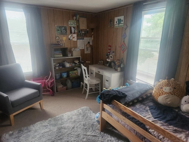 18 Central St, Ashburnham, MA 01430 - carpeted bedroom featuring wood walls and multiple windows