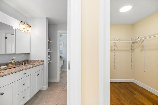 bathroom with vanity and wood-type flooring