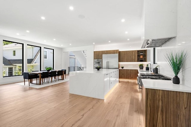 17 Prospect Hill Rd, Lexington, MA 02420 - kitchen featuring modern cabinets, appliances with stainless steel finishes, brown cabinets, open shelves, and recessed lighting