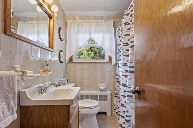 8 Janis Ter, Woburn, MA 01801 - full bathroom featuring radiator, tile walls, vanity, tile patterned floors, and a shower with curtain