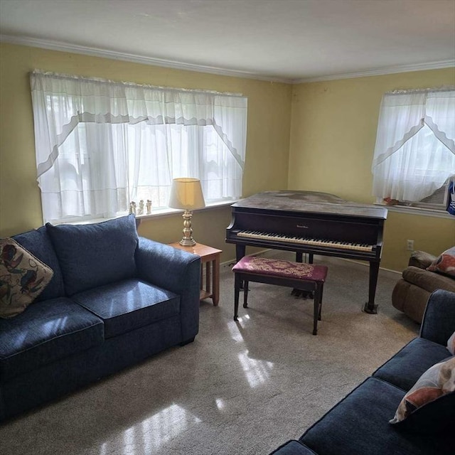 carpeted living area featuring crown molding and baseboards