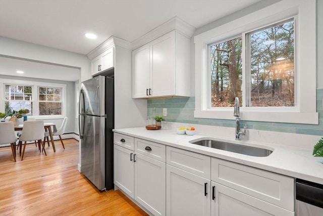 kitchen featuring light wood-style flooring, a sink, stainless steel appliances, white cabinets, and tasteful backsplash