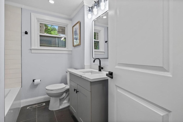 8 Piedmont St, Methuen, MA 01844 - bathroom featuring ornamental molding, baseboards, toilet, tile patterned flooring, and vanity