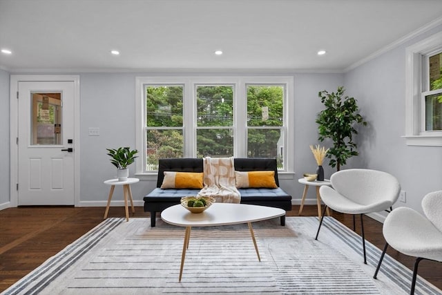 8 Piedmont St, Methuen, MA 01844 - living room featuring ornamental molding, baseboards, wood finished floors, and recessed lighting