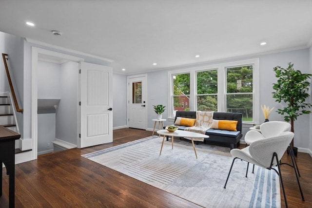 8 Piedmont St, Methuen, MA 01844 - living area featuring stairs, wood finished floors, ornamental molding, recessed lighting, and baseboards