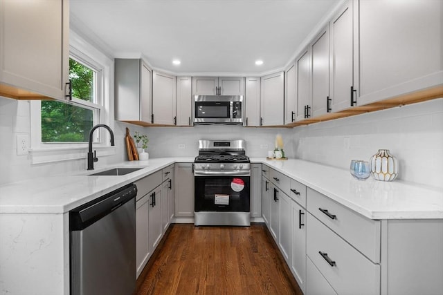 8 Piedmont St, Methuen, MA 01844 - kitchen with appliances with stainless steel finishes, a sink, gray cabinetry, dark wood-style floors, and recessed lighting
