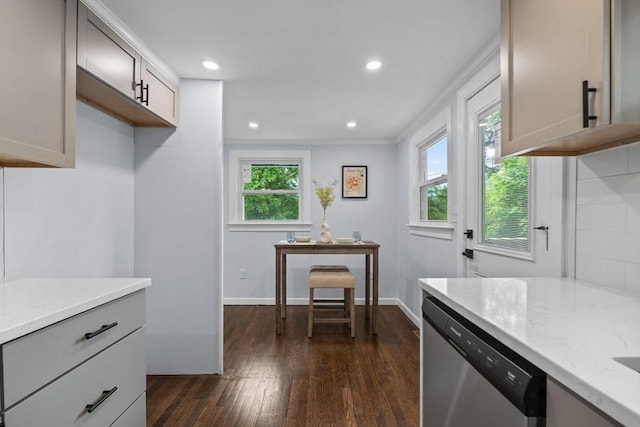 8 Piedmont St, Methuen, MA 01844 - kitchen with stainless steel dishwasher, dark wood-type flooring, light stone counters, recessed lighting, and baseboards