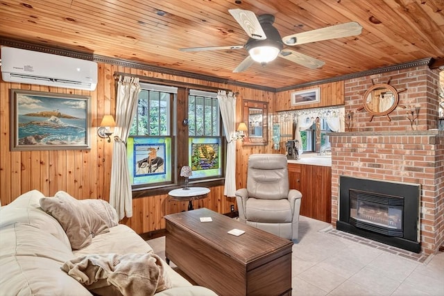 137 Rock Harbor Rd Unit 4, Orleans, MA 02653 - living area with an AC wall unit, wood ceiling, wood walls, a ceiling fan, and light tile patterned floors