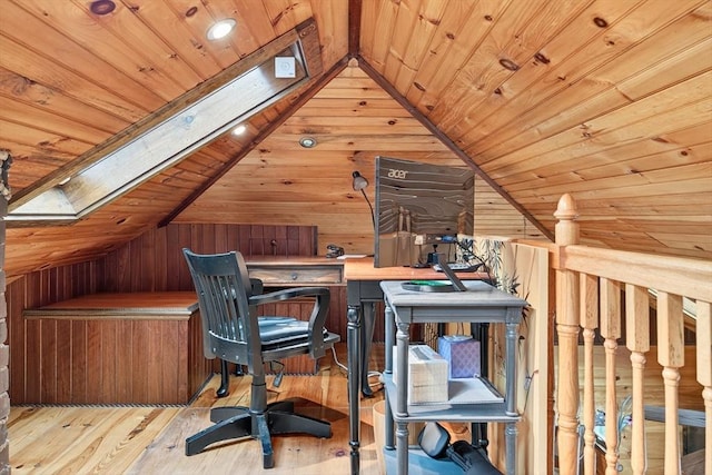 137 Rock Harbor Rd Unit 4, Orleans, MA 02653 - home office featuring lofted ceiling, wood ceiling, a skylight, hardwood / wood-style flooring, and wooden walls