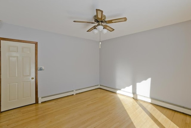 spare room featuring light hardwood / wood-style flooring, ceiling fan, and baseboard heating