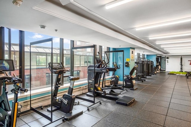 exercise room featuring expansive windows